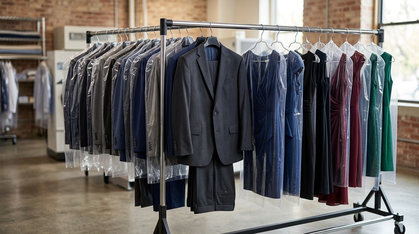 Suits and garments on hangers after dry cleaning