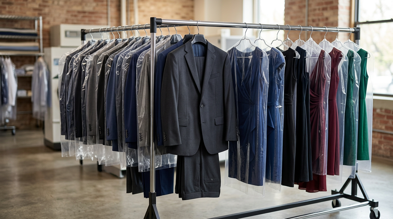 Keemiliselt puhastatud ülikonnad riidepuudel